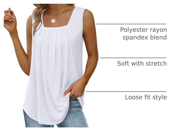 Saloogoe Summer Tank Tops for Women Loose Fit Pleated Square Neck Sleeveless Tops Curved Hem Flowy