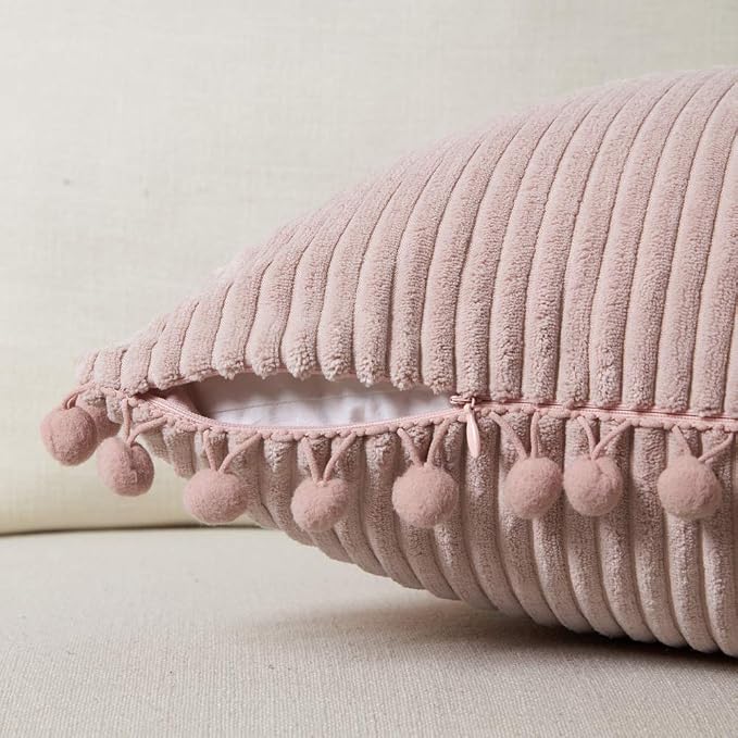 Fancy Homi Set of 2 Blush Pink Decorative Throw Pillow Covers 12x12 Inch with Pom-poms for Couch Bed Sofa, Modern Farmhouse Boho Home Decor, Soft Plush Corduroy Cute Cushion Case 30x30 cm