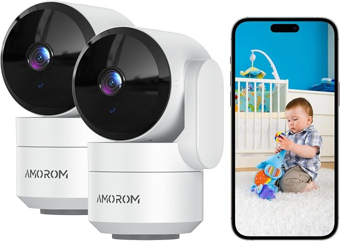 AMOROM Indoor Cameras, Alexa Camera for Baby/Elderly/Pet Monitoring | AI Smart Detection & Alarm, 2-way Talk, Night Vision, 2.4G WiFi App Control, Cloud & SD Card Storage, 2 Pack
