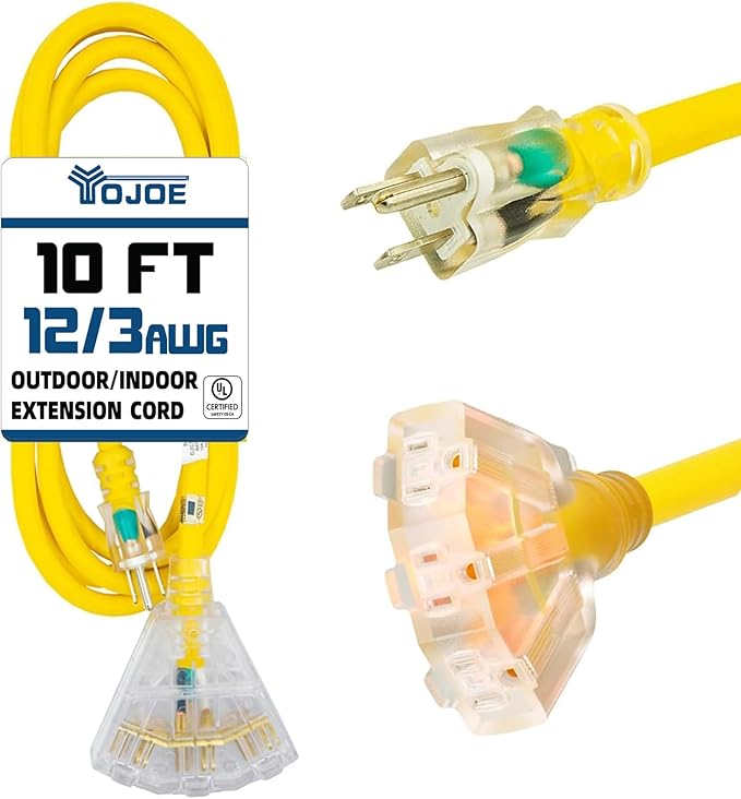 YOJOE 3-Outlets Indoor Outdoor Extension Cord with Lighted End, 3 Prong 15A Weatherproof Power Cord, 12 Gauge Heavy Duty 10 ft Yellow Extension Cord Multiple Outlets, 12/3 SJTW UL Listed