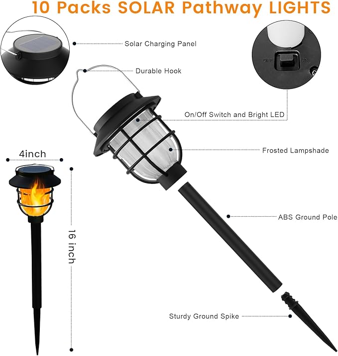 10 Pack Solar Pathway Lights Outdoor - Bright Solar Powered Garden Lights with Flickering Flame, Auto On/Off Waterproof Path Lights Decorative, Landscape Lighting for Yard Patio Walkway Driveway