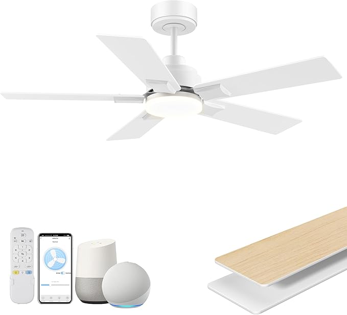 42Inch Smart Ceiling Fan with Lights Remote,APP&Voice Alexa WIFI Controled,Quiet Reversible DC Motor,Dimmable LED,Indoor Outdoor,Small Modern Ceiling Fan,for Bedroom Patio Porch,White&Light Wood