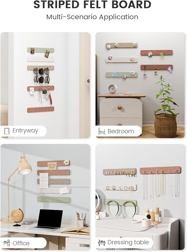 Fluxynara 13" x 2" Felt Wall Panels, Boho | 5-Pack Cork Board Alternative with 35 Push Pins, Adhesive Mounting for Bedroom Door or Home Office
