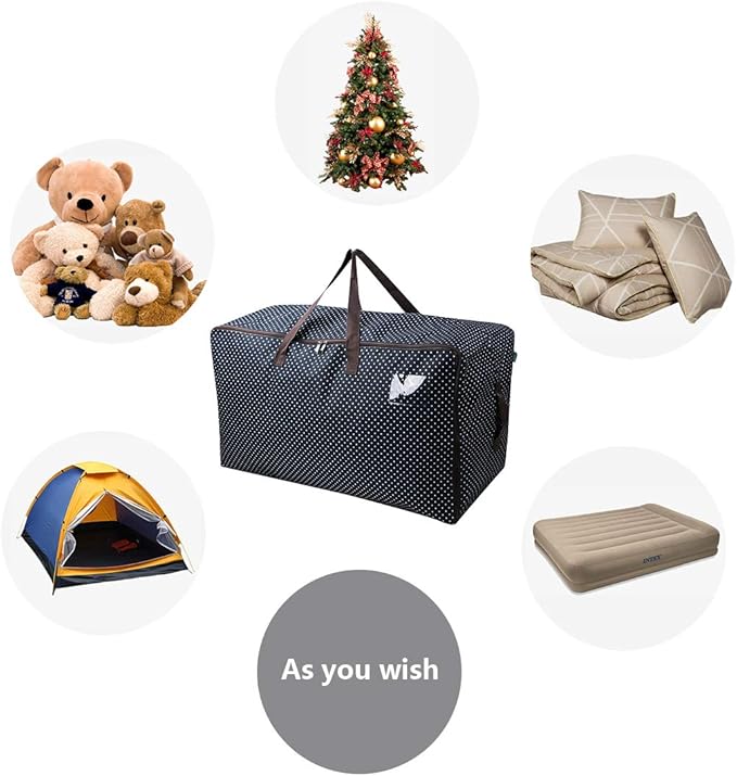 AMJ 100L Large Storage Bag, Comforter/Blanket/Pillows/Quilt Storage Container, Garage Grocery Storage Bag, Garments/Clothes Organizer Bin in Closet/Attic, Moisture Proof, Blue dot