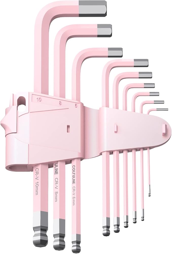 COLFULINE 9 PCS PINK Allen Key Set, Long Ball End Hex Key Set, Cr-V Allen Wrench Set for Women, Size 1.5-10mm with Colour-Coding for Best Gifts and Home Repair