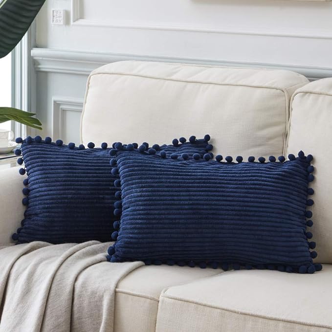 Fancy Homi 2 Pack Navy Blue Lumbar Decorative Throw Pillow Covers 12x24 Inch with Pom-poms for Couch Bedroom Sofa, Farmhouse Boho Home Decor, Soft Corduroy Solid Rectangle Cushion Case 30x60 cm