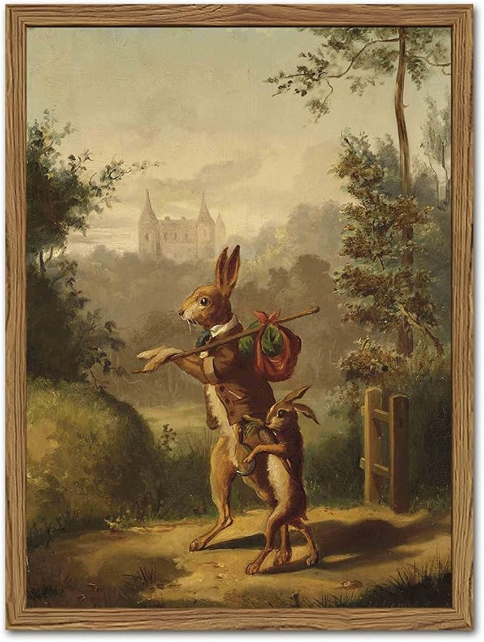 Funny Rabbit Wall Art Whimsical Bunny Wall Decor Painting Vintage Cottagecore Easter Animal Poster Canvas Prints Hare Family Picture Artwork for Living Room Bedroom 12x16 inch Wood Framed