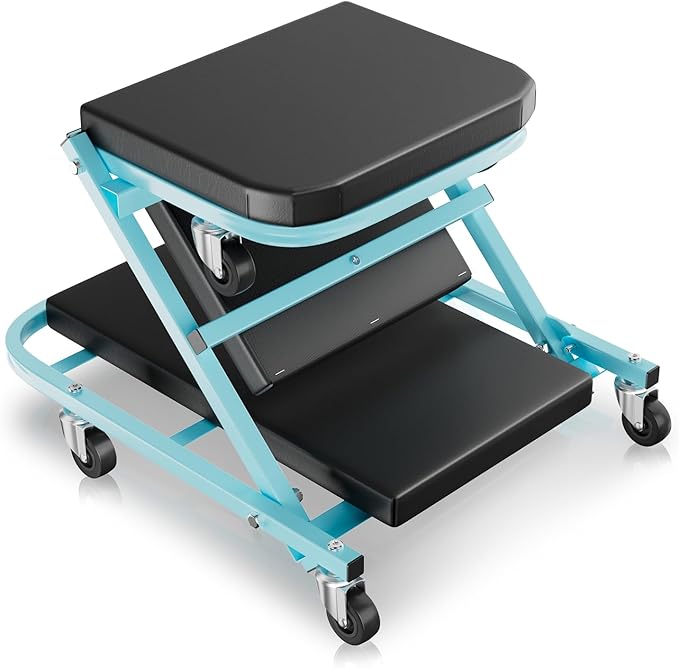 Auto Dynasty 40" Z-Creeper Seat, 2-in-1 Foldable Garage Creeper Shop Seat, 330 LBS Capacity Automotive Mechanic Repair Under Car Rolling Creeper Seat, Sky Blue
