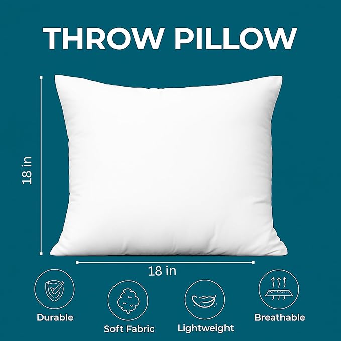 LANE LINEN 18 x 18 Throw Pillow Insert - Pack of 2 White, Down Alternative Pillow Inserts for Decorative Pillow Covers, Throw Pillows for Bed, Couch Pillows for Living Room | Contemporary Solid Inserts For Sofa Back Support - Durable Everyday Fill, Eve...