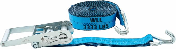 Mytee Products (2 Pack 2 Inch x 27 FT Blue Ratchet Strap with J Hooks - 10,000 Lbs Breaking Strength - Heavy Duty Tie Down Cargo Truck Straps with Wire Hooks for Flatbed, Truck, Trailers Pickup