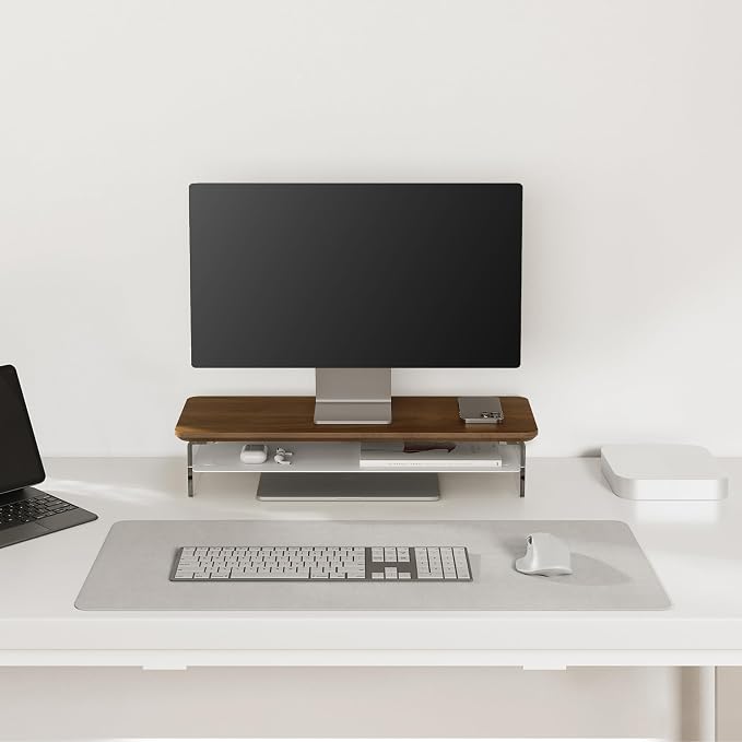 Fenge 23.6" Monitor Stand with Clear Acrylic Legs, Brown | Clear acrylic, storage compartment, 2-tier home office monitor riser, wide large desktop shelf fit monitor/laptop/printer