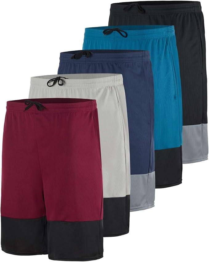 5 Pack Men's Mesh Shorts Athletic Basketball Sports Gym Workout Pockets | Cooling Moisture-Wicking, 9", Long, Quick-Dry, Breathable, Elastic Drawstring Waistband. Running, Exercise, Soccer, Training.