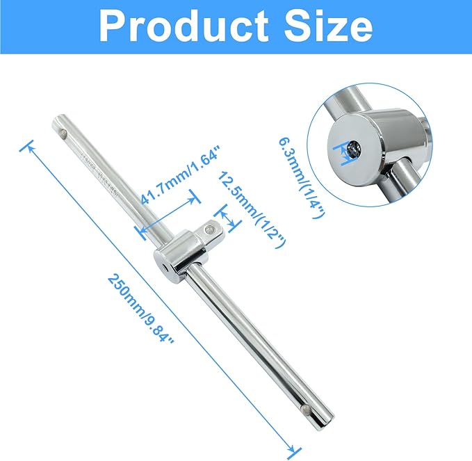 1/2 Inch T-Handle Wrench 250mm/9.84 Inch Length Adjustable T-Handle Socket Hand Tool, Chrome Vanadium Steel Drive Sliding Wrench Breaker Bar For Car Repair