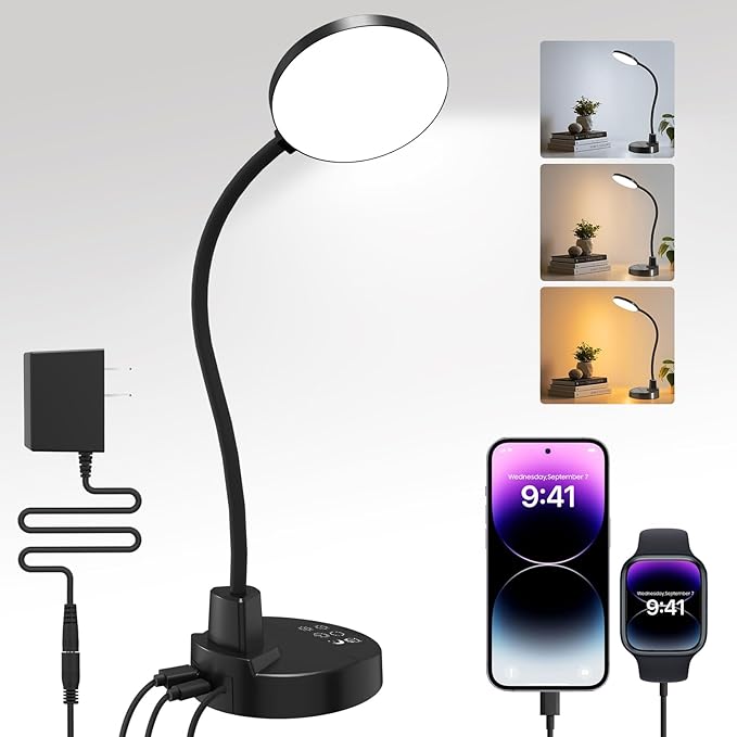 15W LED Desk Lamp with USB Charging Ports – Dimmable Table Lamp with 3 Color Temps, 5 Brightness, 4 Timers, Flexible Gooseneck Light with Base, Eye-Caring Reading Light for Home Office, Bedroom, Study