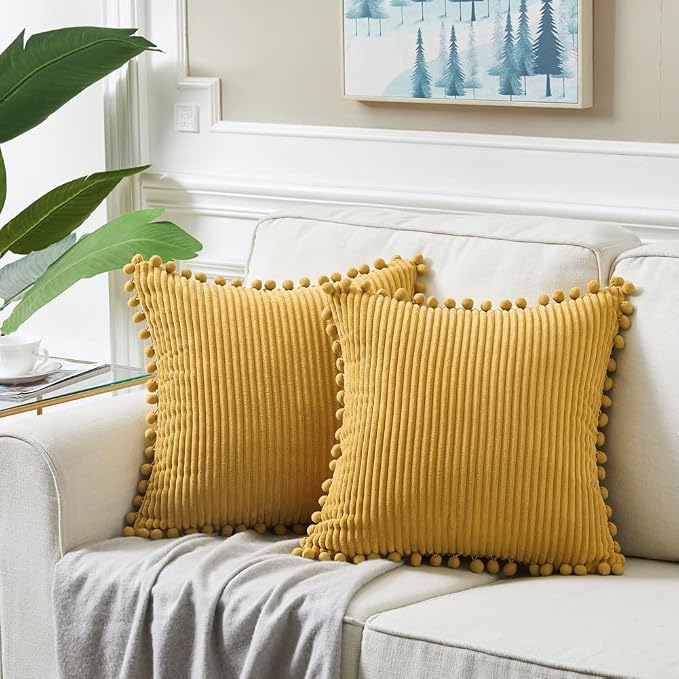 Fancy Homi 24x24 Pillow Covers, 2 Packs Mustard Yellow Throw Pillow Covers with Pom-poms, Super Soft Corduroy Square Solid Cushion Cover for Couch Sofa Bedroom Living Room 60x60 cm