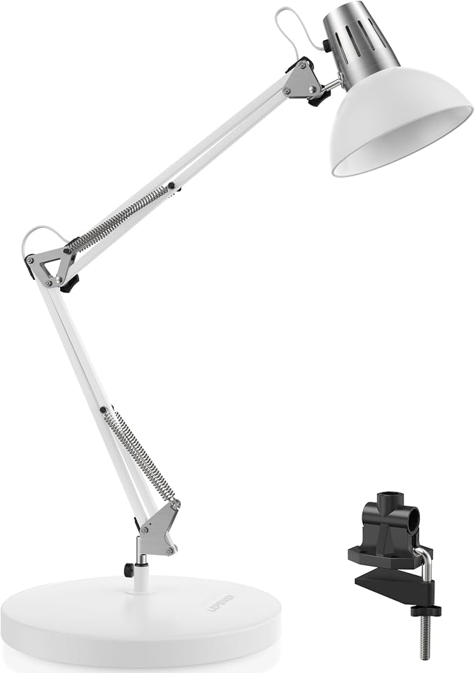 LEPOWER Metal Adjustable Desk Lamp with Clamp, Swing Arm for Home Office | Gooseneck, Architect Style, Eye-Caring Table Lamp, On/Off Switch, E26 Base, Reading for Dorm, Bedroom, Study, Back to School