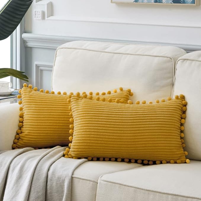 Fancy Homi 2 Pack Mustard Yellow Lumbar Decorative Throw Pillow Covers 14x24 Inch with Pom-poms for Living Room Couch Bedroom, Soft Corduroy Solid Cushion Case 35x60 cm, Rustic Farmhouse Home Decor