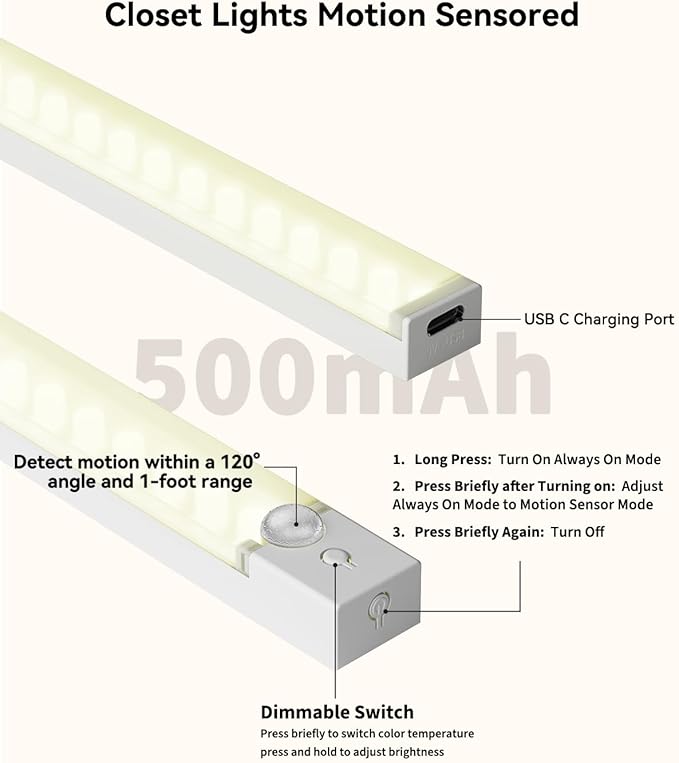 6-Pack Under Cabinet Lighting with charging station 8-Inch Rechargeable Motion Sensor Light Indoor 3 Color Dimmable Closet Light, USB Stick on LED Magnetic Under Counter Lights for Kitchen Shelf