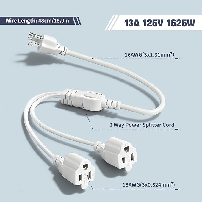 3 Prong Outlet Splitter Extension Cord,1-to-2 Indoor Outdoor Extension Cord,20 inch Y-Type Power Splitter,SJT 16AWG,UL Approved for Home Office Appliance,LED Stage Lights and Electronics(White)
