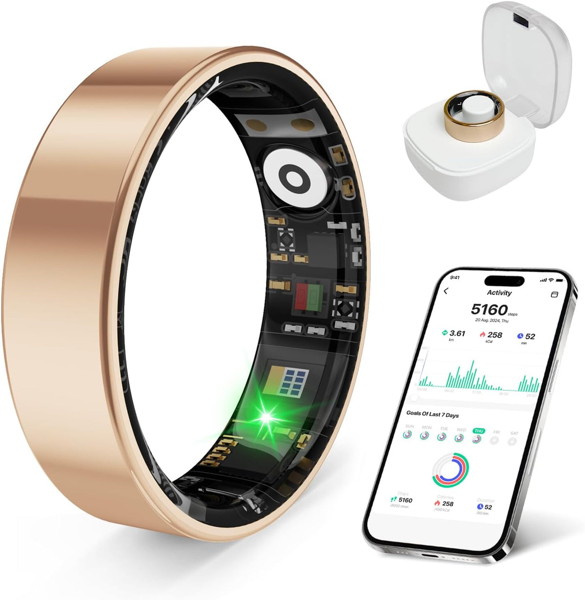 Smart Health Ring - Waterproof Fitness Tracker with Stress & Sleep Monitoring | Rose Gold, Size 10