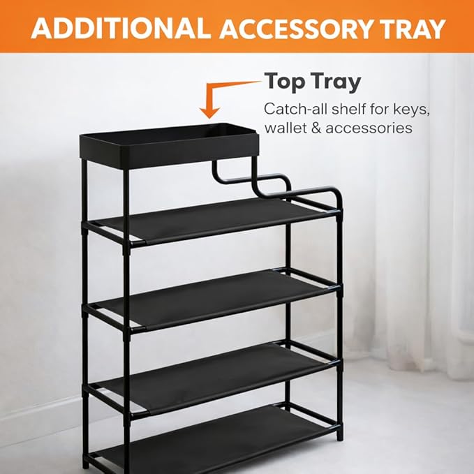 Entryway Shoe Storage, Shoe Rack For Closet, Zapateras Organizer, Organizador de Zapatos, 4 Tier Storage Rack with Top Tray, Narrow Zapatero for Sneakers, Boots and Heels