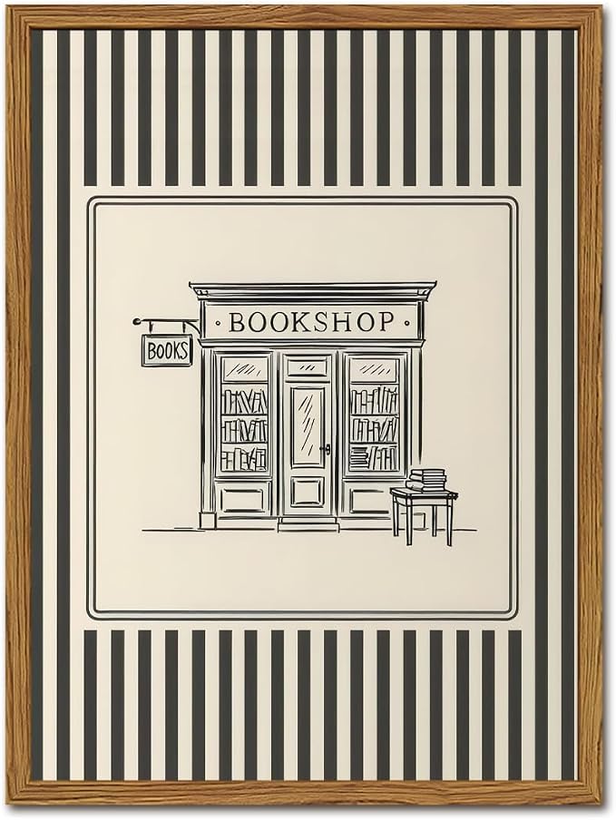Vintage Striped Bookshop Wall Art, Retro Black and White Pictures Wall Decor College Minimalist Canvas Prints Paintings for Bathroom Bedroom Living Room 12x16 inch Framed