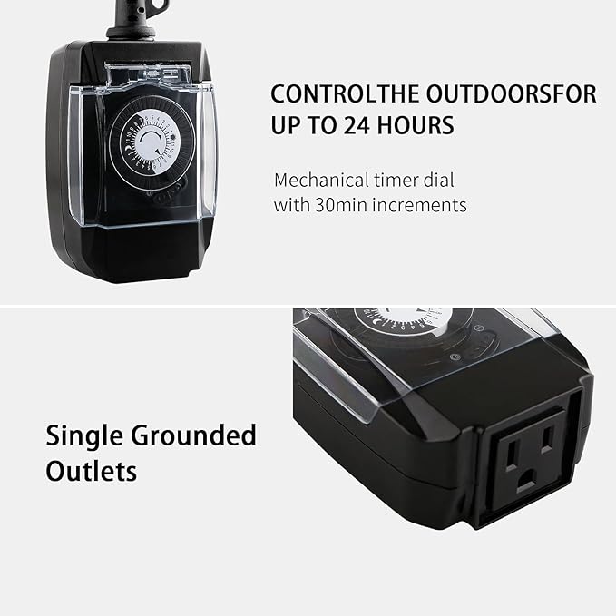 Outdoor Timer Outlet Waterproof, 24 Hour Mechanical Timer Outlet for Home and Garden, Single Grounded, 15A 3/4HP, Black, 3 Pack