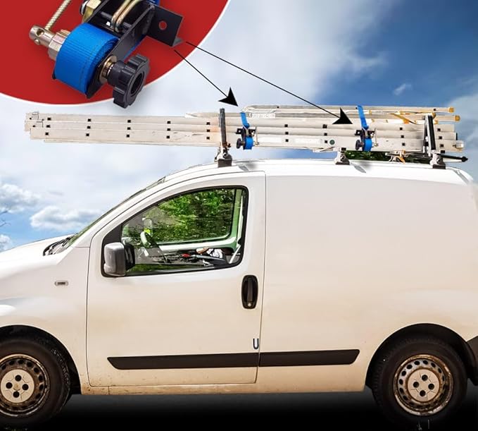 Mytee Products 4 Pack 1-1/2"x7' Blue Ladder Rack Ratchet Straps with J-Hook (Pair) - 500 lbs Square Tube Mount - Retractable Ratchet Tie Down Strap for Roof Rack