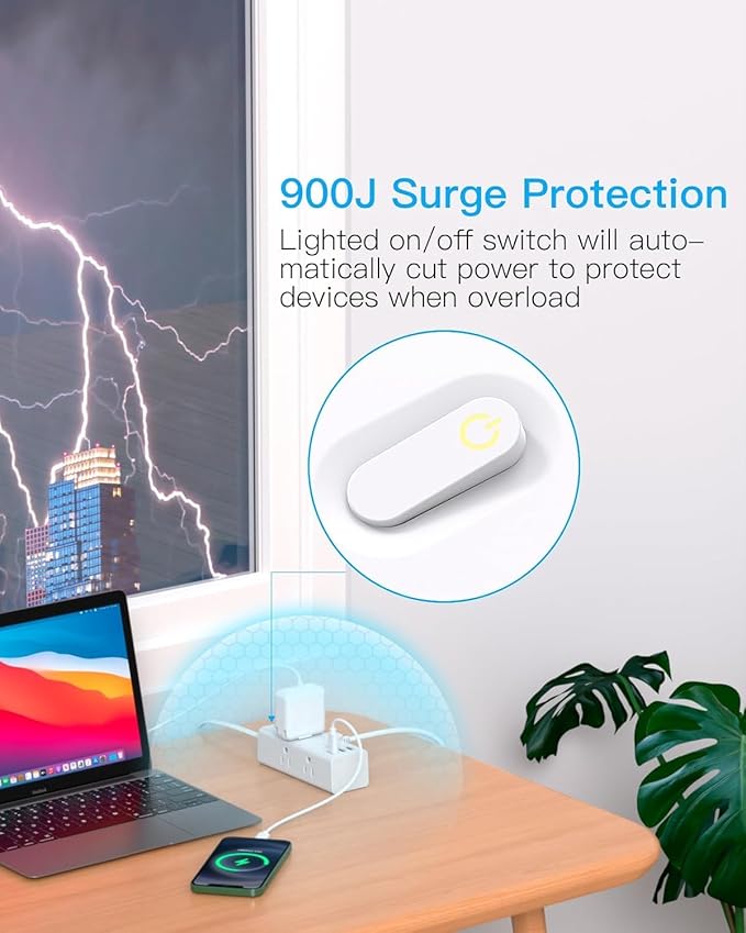 5Ft Extension Cord with Multiple Outlets, Flat Plug Power Strip Surge Protector with 5 Ft Long Cord, 6 Outlet 3 USB Ports (1 USB C), Multi Outlet Wall Plug for Travel, College, Dorm Room Essentials