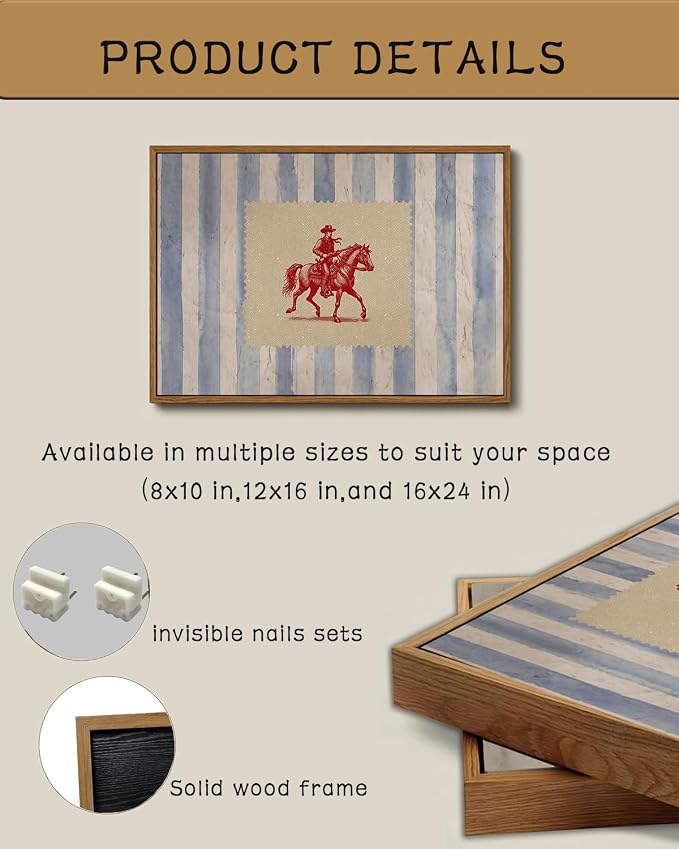ZZLWBKGL Western Wall Decor Cowboy Canvas Art Vintage Framed Wall Art | Country West Stamp Artwork Mid Century Aesthetic for Living Room Bedroom 12x16in