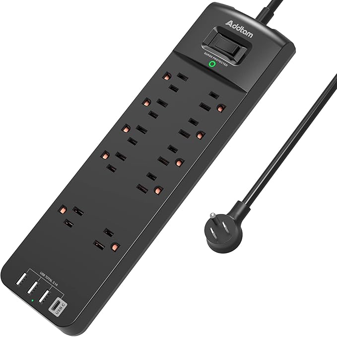Addtam 15FT Long Power Strip, Surge Protector with 10 Outlets and 4 USB Ports, Extension Cord with Flat Plug, 2700 Joules, ETL Listed, Black