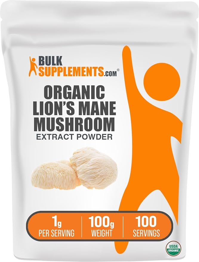 BulkSupplements.com Organic Lion's Mane Mushroom Extract Powder - Lions Mane Supplement Powder, Superfood for Well-Being - Vegan, 1g per Serving, 100g (3.5 oz) (Pack of 1)