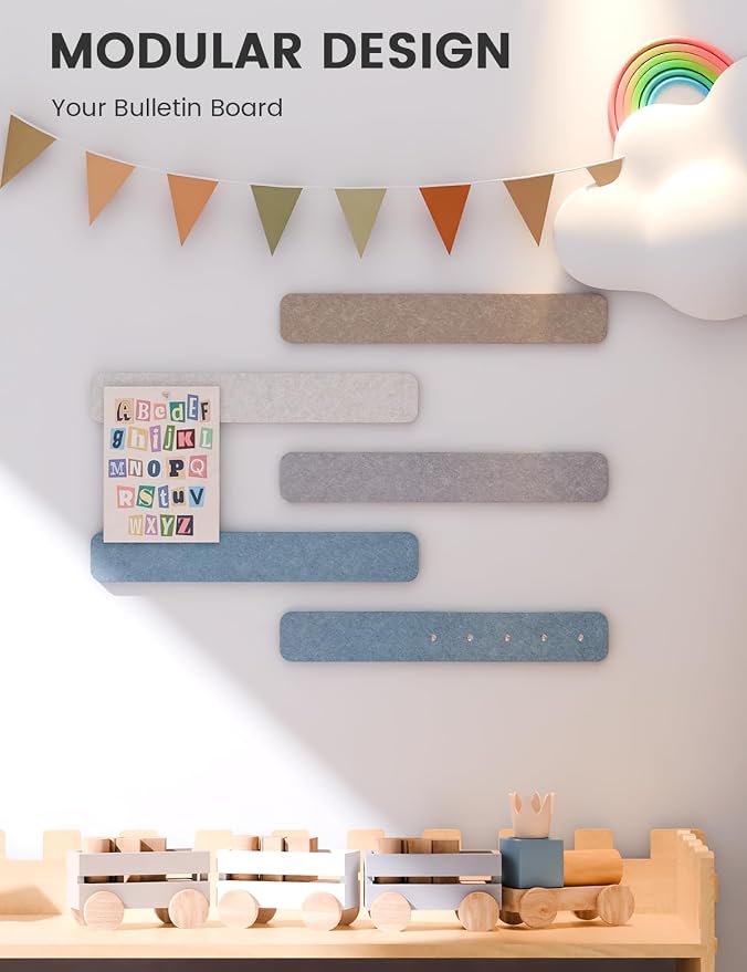 Fluxynara 13" x 2" Felt Wall Panels, Coastal | 5-Pack Cork Board Alternative with 35 Push Pins, Adhesive Mounting for Bedroom Door or Home Office
