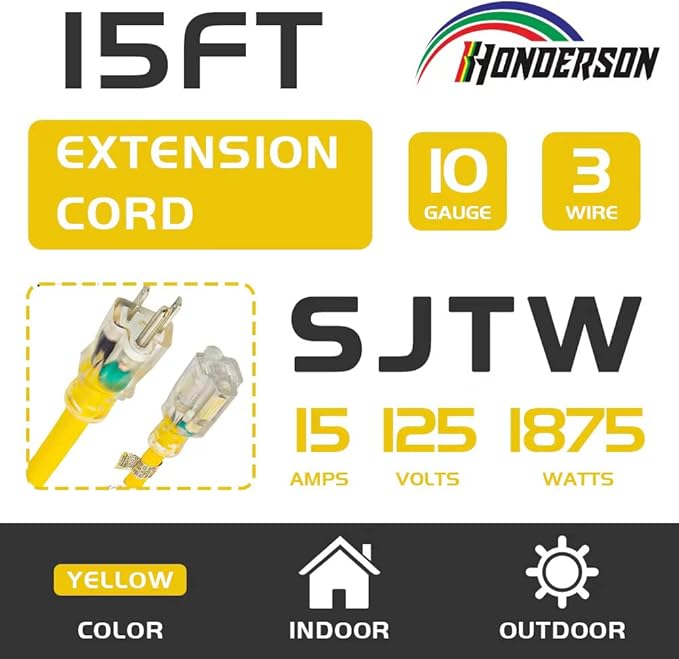 Indoor Outdoor Extension Cord Weatherproof with Lighted End, UL Listed, 10 Gauge 15FT Yellow 3 Prong Heavy Duty, 10/3 SJTW 15A Power Cord for Outdoor Lights, Lawn