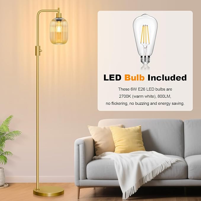 【Upgraded】 Dimmable Glass Floor Lamp for Living Room, Modern Gold Standing Lamp with Amber Ribbed Glass Lampshade & Knob Dimmer, Arc Tall Lamp for Bedroom Office Reading Room, 2700K Led Bulb Included