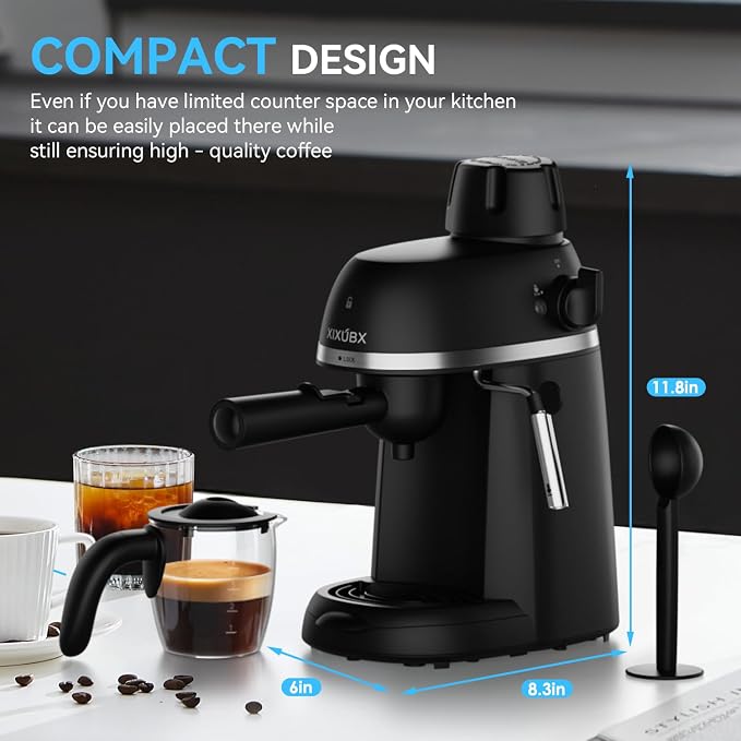 XIXUBX Compact Espresso & Cappuccino Machine, 3.5 Bar with Steam Wand | 800W Fast Heating, Safety Lock & Tritan Cup, One-Touch 4-Cup Brewing & Powerful Steam for Latte, Black for Home & Office
