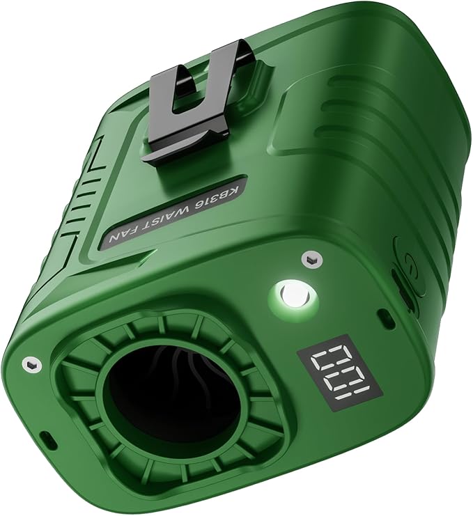 KIBEE Rechargeable Wearable Waist Fan, 12500RPM Strong Airflow with LED Light, 5 Speeds, 29H Long Lasting for Jobsite, Farm & Hiking