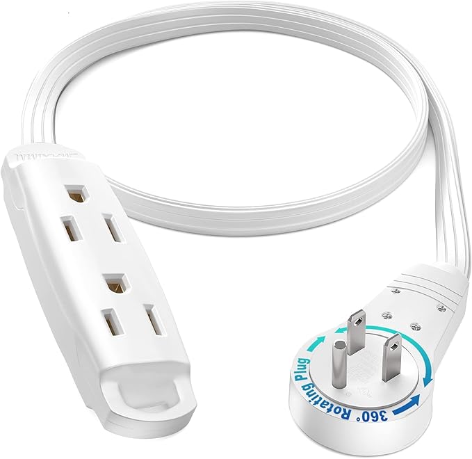 Maximm 360 Degree Rotating Flat Extension Cord 1 Ft Multi 3 Outlet Power Cord Grounded 16 AWG UL Certified, White