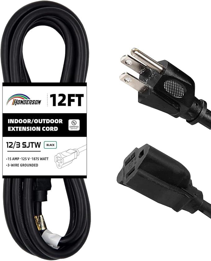 Indoor Outdoor Extension Cord Weatherproof, UL Certified, 12 Gauge 12FT Black 3 Prong Heavy Duty, 12/3 SJTW 15A Power Cord for Outdoor Lights, Appliances, Lawn