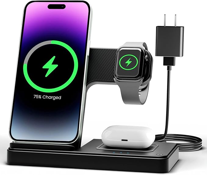 Wireless Charger iPhone Charging Station: 3 in 1 Charger Stand Multiple Devices for Apple - iPhone 17 16e 16 15 14 Pro Max 13 12 11 - Watch 11 10 9 8 7 6 5 4 3 2 SE and Ultra Series - Airpods 4 3 Pro