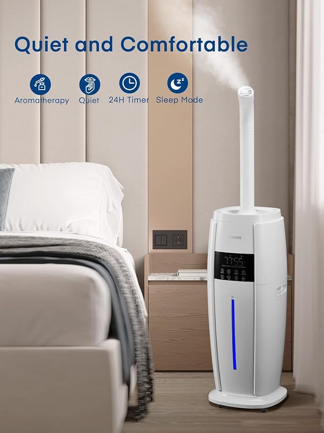 FOHERE 4.8Gal/18L Humidifier Large Room, Easy Top Fill Cool Mist Tower Humidifiers Quiet for Home, Plant, Office, Commercial, Whole House Cover up to 1500ft², with Smart Humidity Sensor, Remote, White