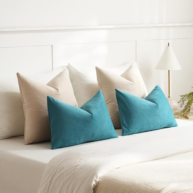 Throw Pillow Covers 22x22 Beige: Pack of 2 Cozy Soft Velvet Square Modern Luxury Decorative Throw Pillow Cases for Sofa Couch Living Room Bed Home Decor