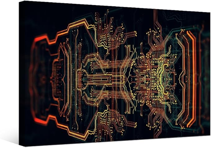 LSIUHWUWI Canvas Wall Art Circuit Board Art Wall Pictures for Living Room Computer Chip Wall Painting House Decoration CPU Concept Bedroom Wall Decor Modern Artwork Framed Ready to Hang 16X24 INCH