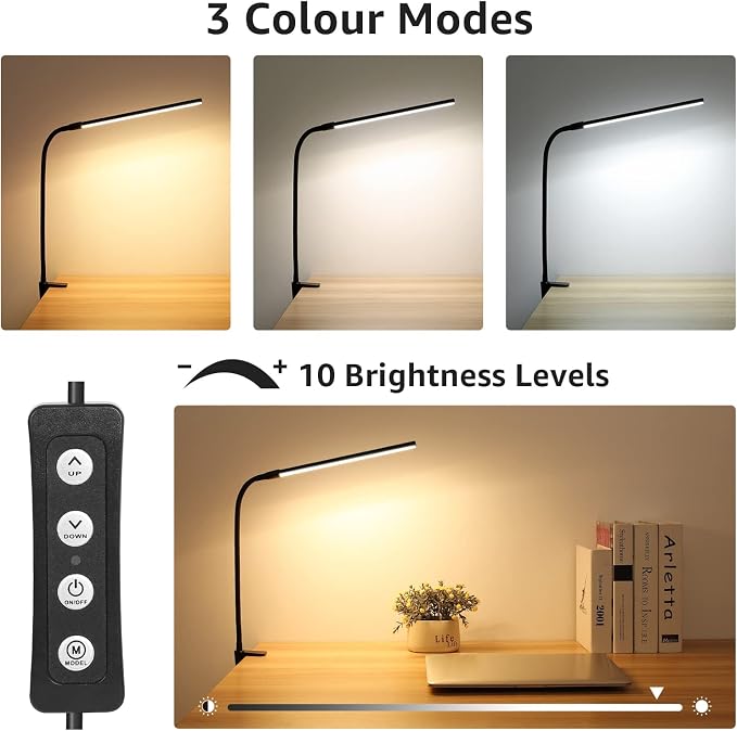 Lepro Clip on Desk Lamp, LED Reading Light with Clamp, 460LM 5W, Black | 3 Color Modes 10 Brightness, Dimmable, USB Small Desk Light with Gooseneck Swing Arm for Nail, Home Office and Dorm