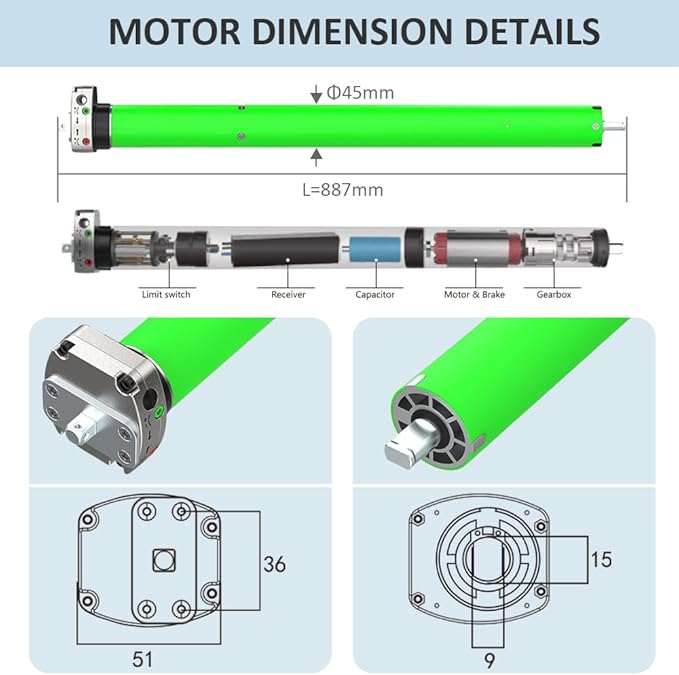 Remote Control DC24V Motorized Roller Shade Motor with Manual Override, 45mm Brushless Electric Awning Motor for Windproof Shades, High Torque Tubular Motor (50 N.m for Φ74mm（3"） Round Tube)