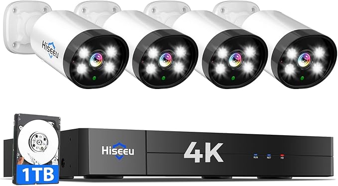 Hiseeu 4K Wired Security Camera System Outdoor 4 Channel with Audio | Smart Dual Light,AI Human/Vehicle Detection,1TB HDD,4K Surveillance DVR Kit 8CH,4X8MP Home CCTV Cameras,Smart Playback