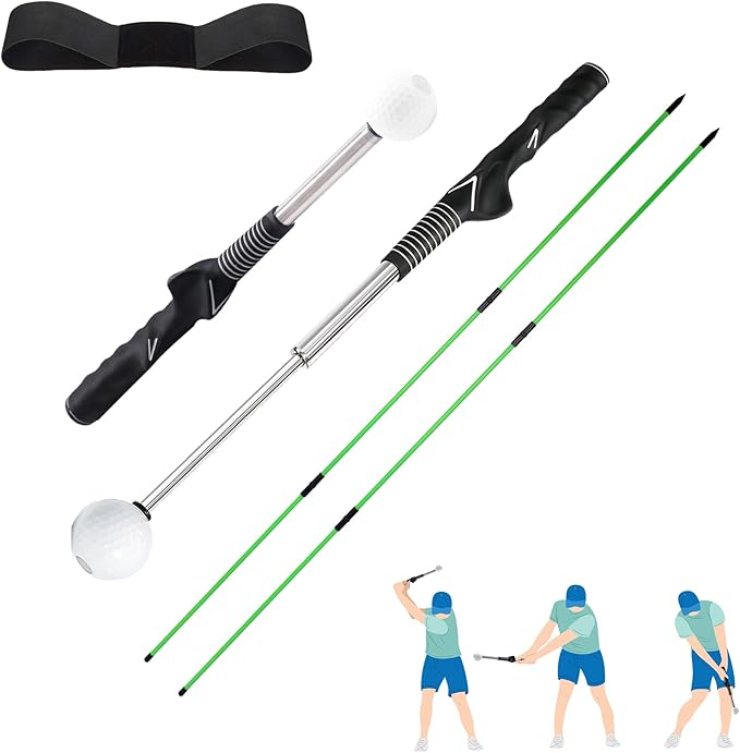 Retractable Golf Swing Trainer - Golf Swing Training Aid, Non-Slip Golf Grip Trainer, Strength & Tempo Training, Golf Alignment Sticks & Arm Band, Indoor Outdoor Golf Swing Practice