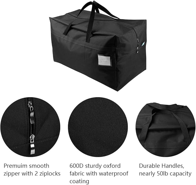 AMJ Christmas Decorations Storage Container Bag | Holds Xmas Trees, Lights, Balls etc, Unzippered Top Three Side Open Bag, Black