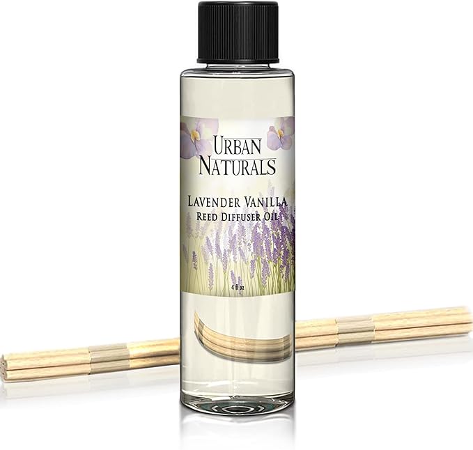 Urban Naturals Lavender Vanilla Scented Oil Reed Diffuser Refill | Includes a Free Set of Reed Sticks! Lavender Blossom, Creamy Vanilla, White Woods and Sugared Musk | 4 oz.