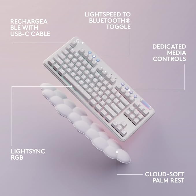 Logitech G715 Wireless Mechanical Gaming Keyboard - White Mist | LIGHTSYNC RGB, Lightspeed wireless, mechanical linear switches, keyboard palm rest, PC/Mac compatible